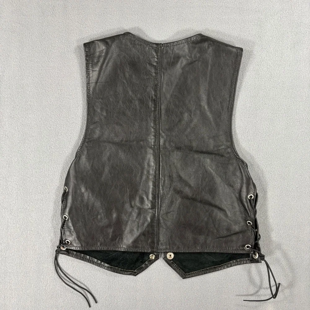 Unbranded Leather Biker Vest Kids L Black Excellent Heart Concho Lace Up Side